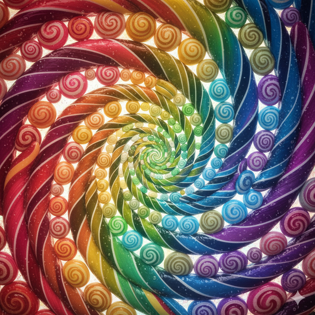 Colorful spiral pattern with rainbow swirls and decorative curls radiating from center in circular motion