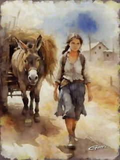 Watercolor painting of a girl leading a hay-laden donkey down a rural village road
