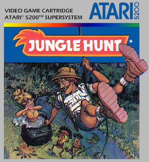 Atari 5200 Jungle Hunt cartridge cover showing a jungle explorer swinging on a vine