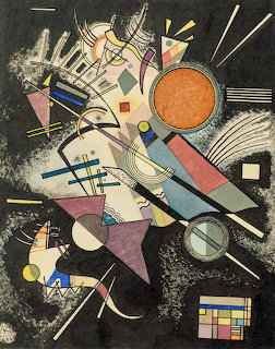 Kandinsky abstract painting with geometric shapes, lines, circles in orange, purple, yellow on dark textured background