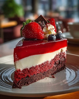Slice of red velvet cake topped with strawberries, blueberries, cream, and chocolate on a plate