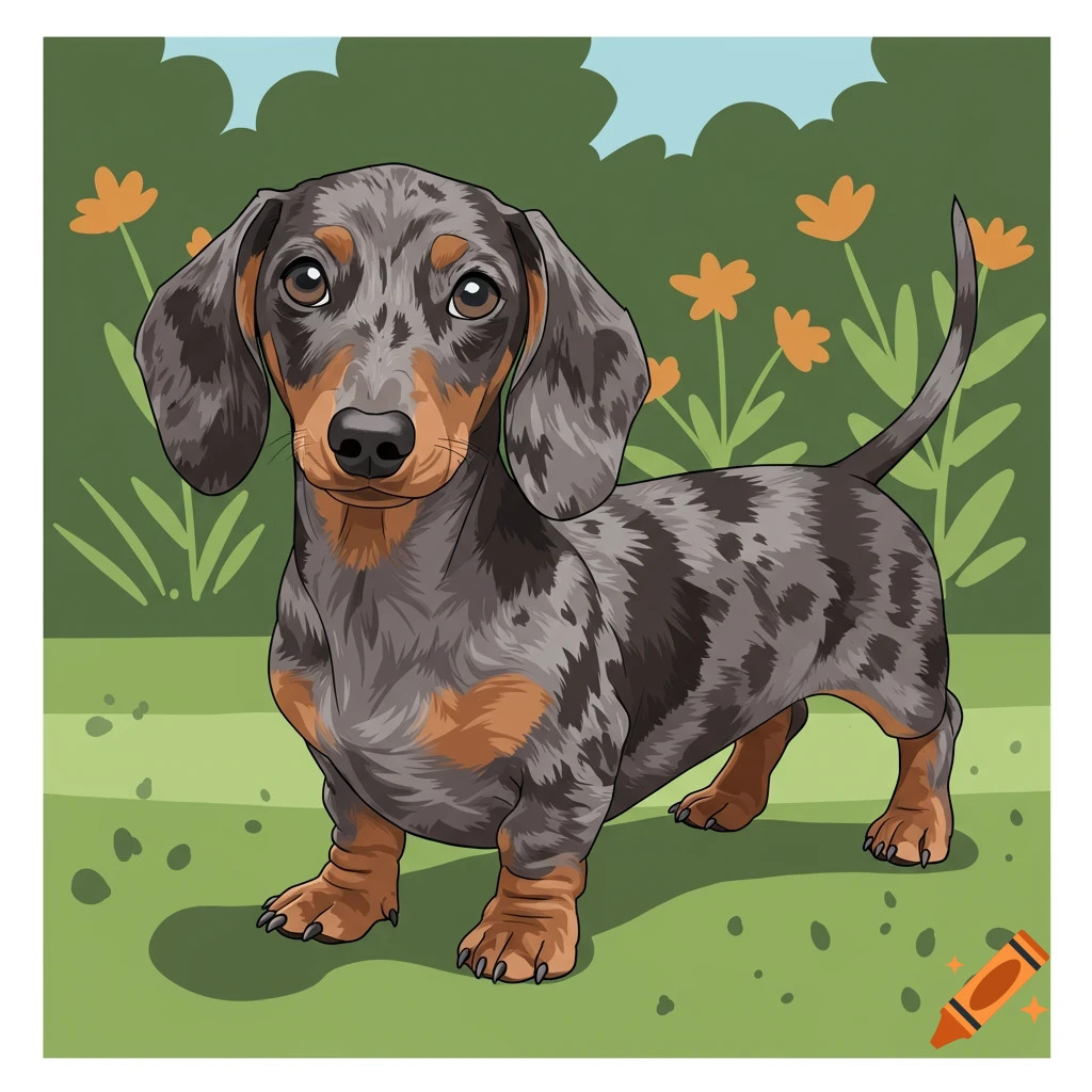 Cartoon dachshund with a dapple gray coat standing on grass among flowers