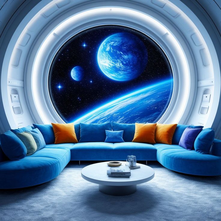 Futuristic blue lounge with curved sofas and a round window showing planets in outer space