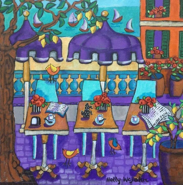 Folk art painting of outdoor café with purple awning, tables, chairs and turquoise sky