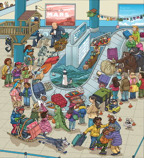 Busy airport baggage claim with diverse passengers collecting colorful suitcases from blue conveyor belts
