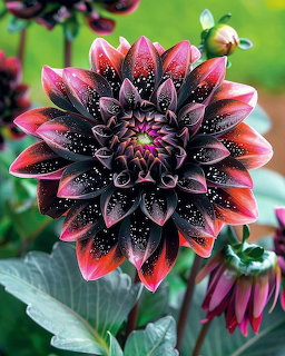 Close-up of a dark red and black dahlia flower covered in water droplets with green foliage behind