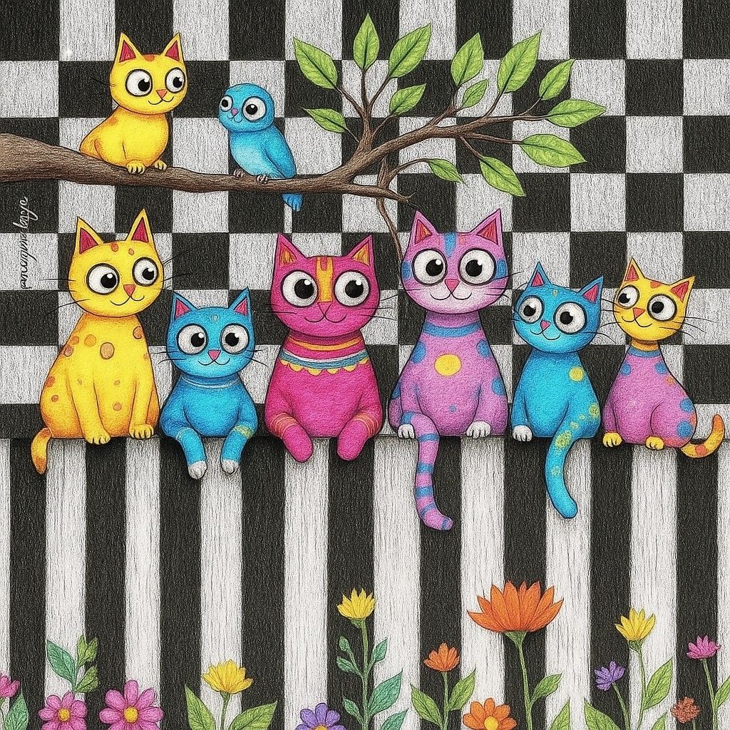 Colorful cartoon cats on a fence with checkerboard background and flowers