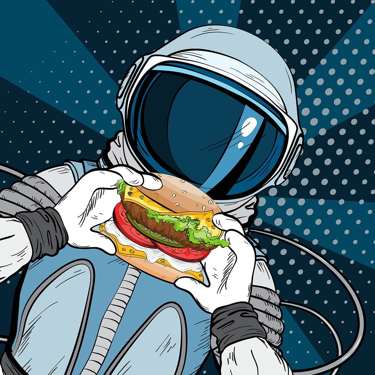 Pop art astronaut holding hamburger in space with blue halftone background