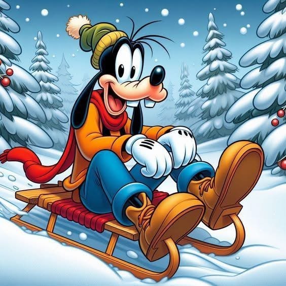 Goofy the Disney character sledding in winter scene with snow-covered trees