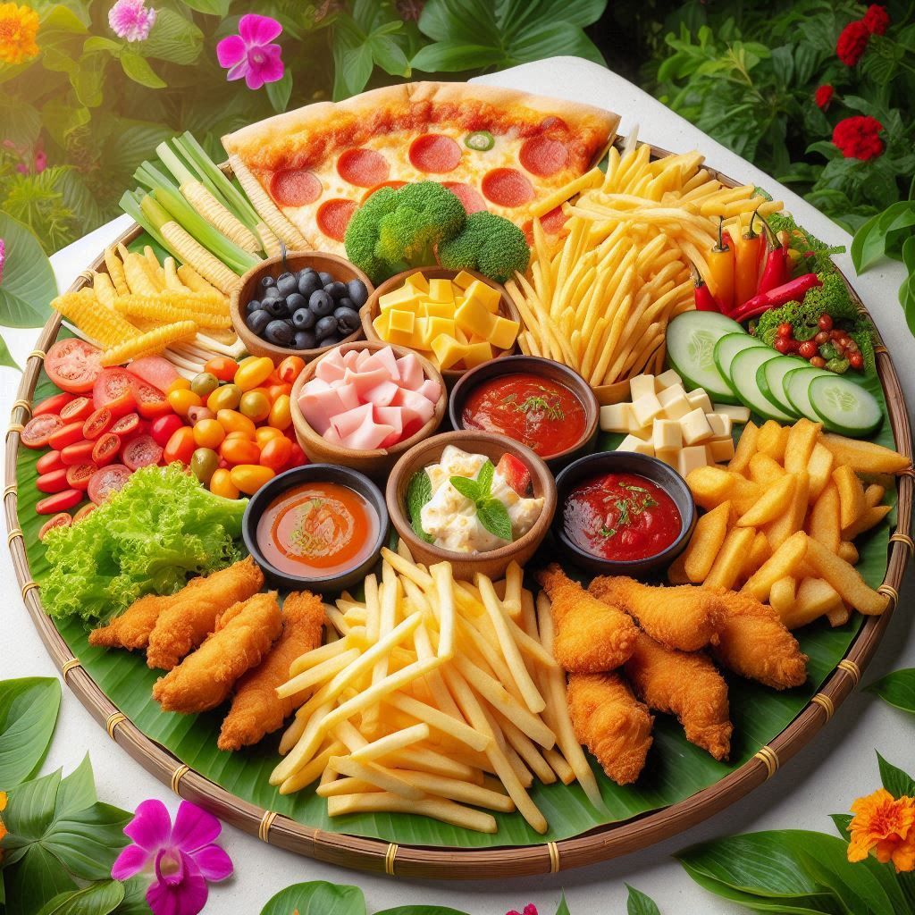 Overhead view of a large circular food platter with assorted snacks, vegetables, dips, and fried foods