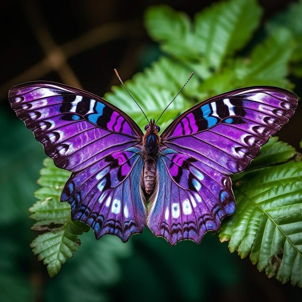 Purple and blue butterfly with detailed wing patterns resting on green fern fronds