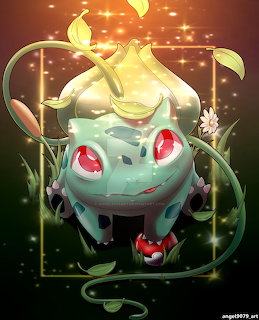 3D Bulbasaur with glowing yellow bulb surrounded by green vines and golden sparkles on dark warm background