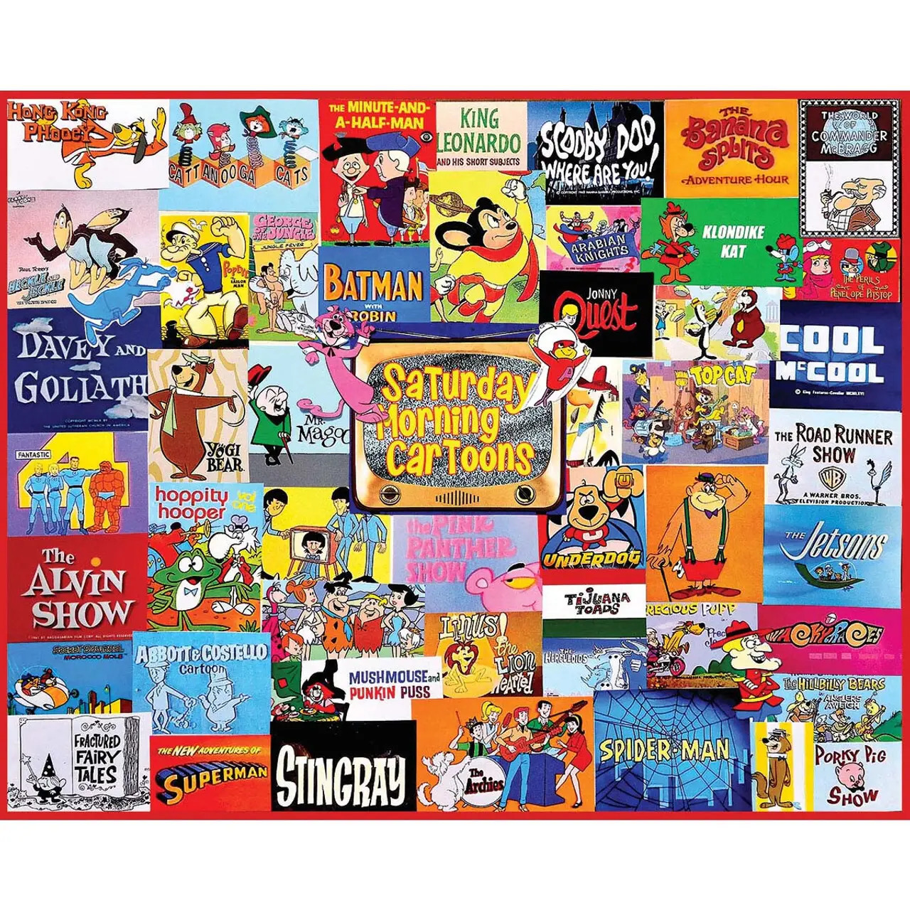 Vibrant collage of vintage cartoon show title cards and character images from classic Saturday morning television programming
