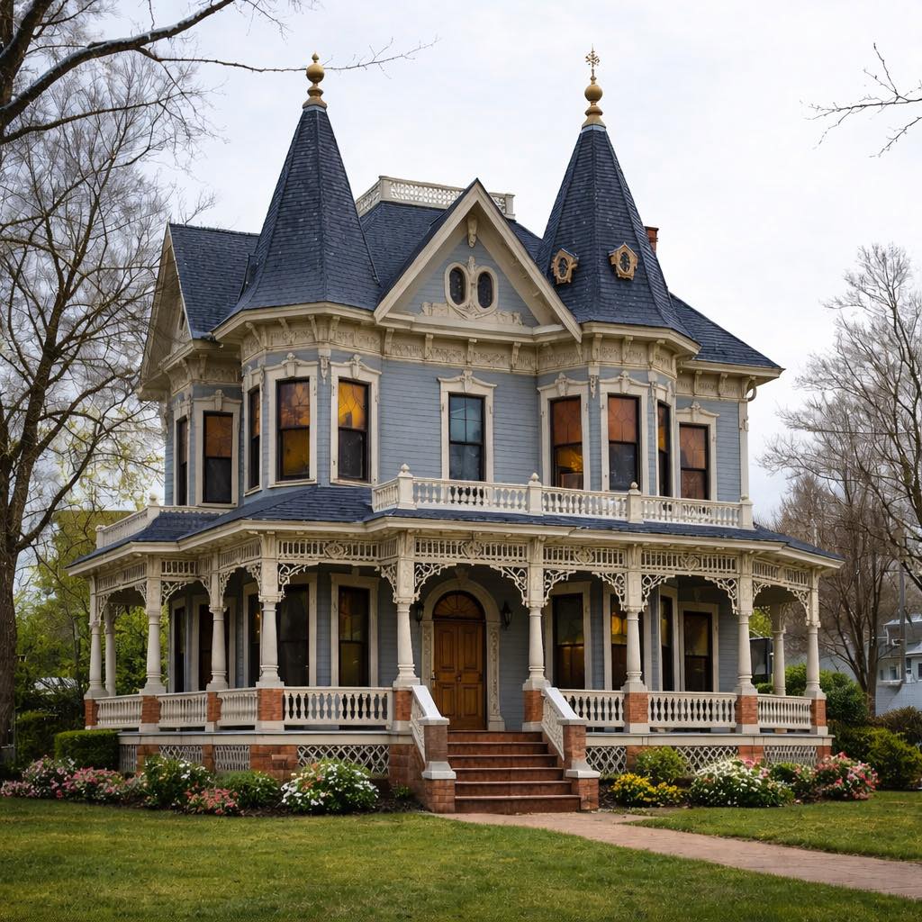 Large Victorian mansion with blue and cream exterior, ornate trim, wrap-around porch, and twin pointed turrets