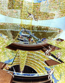 Don Davis painting of a cylindrical space colony interior with curved landscapes and figures in zero gravity