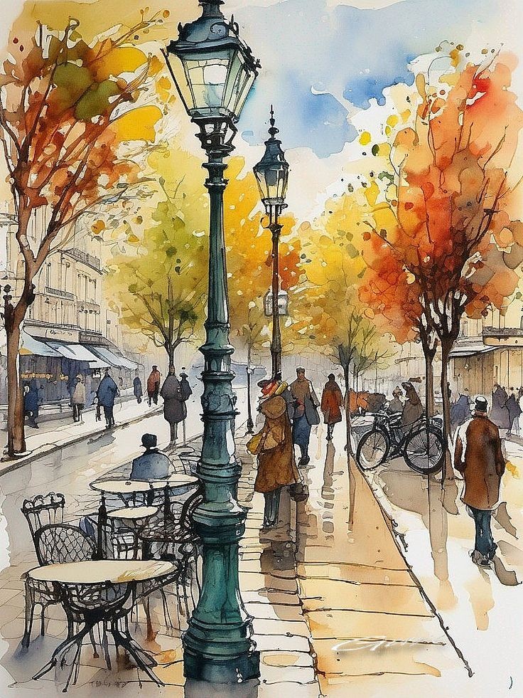 Watercolor painting of an autumn city street with lamp posts, café tables, and people walking among colorful trees