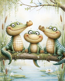 Three smiling cartoon frogs with big eyes sitting together on a wooden branch above water