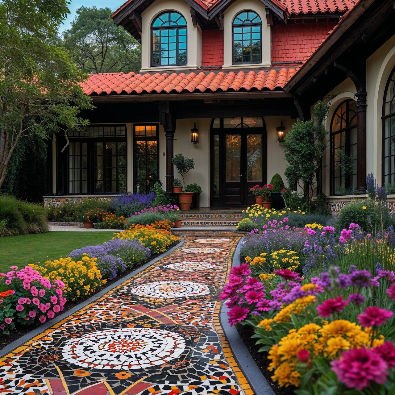 Red-roofed house with colorful flower garden and decorative mosaic pathway