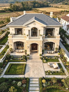 Aerial view of an elegant two-story stone villa with manicured gardens and symmetrical landscaping