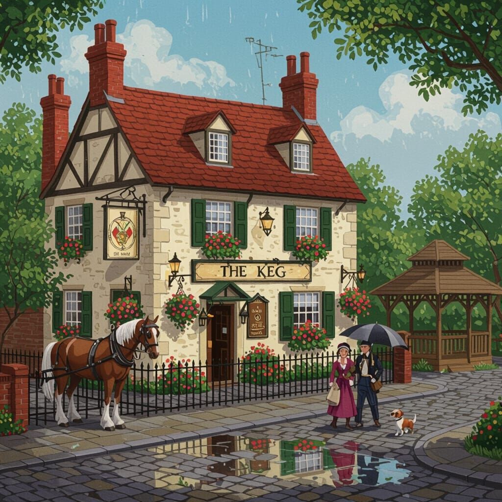 Tudor pub with red roof, timber framing, villagers in period dress, and horse carriage in courtyard