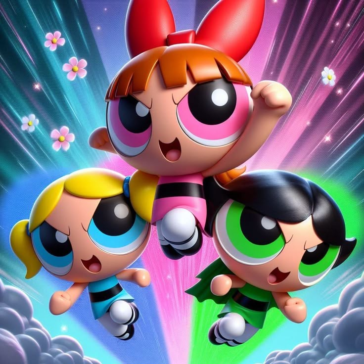 Blossom, Bubbles, and Buttercup flying through a colorful glowing sky above clouds