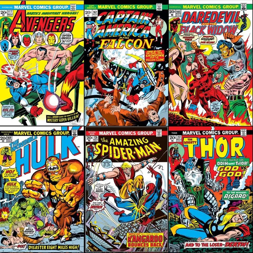 Grid of six vintage Marvel Comics covers showing superheroes including Avengers, Captain America, Daredevil, Hulk, Spider-Man, and Thor