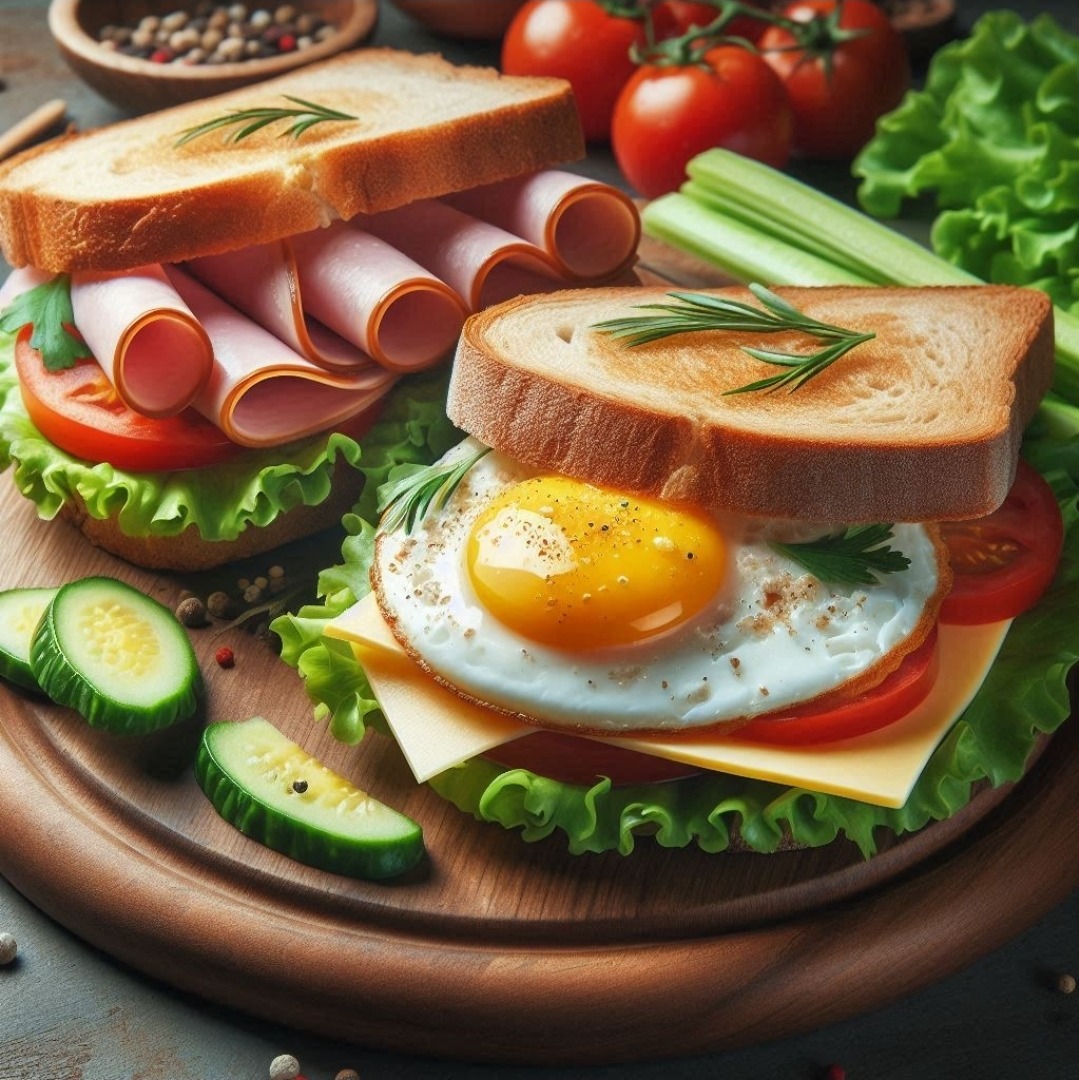 Wooden board with sandwiches, fried egg, ham, cheese, lettuce, tomato, cucumber, and fresh vegetables