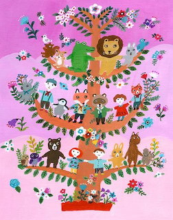 Stylized tree with various animals and flowers arranged in symmetrical tiers on pink background