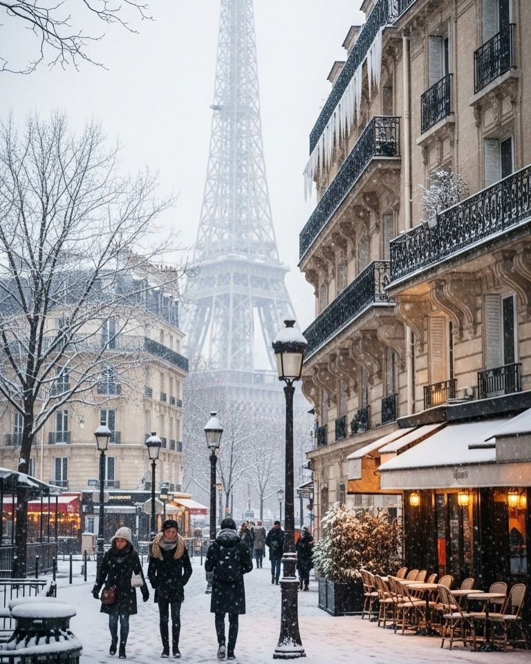 Snow-dusted Parisian street with Eiffel Tower in foggy winter background and people walking