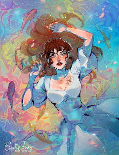 Colorful illustration of a woman underwater surrounded by koi fish and glowing swirls