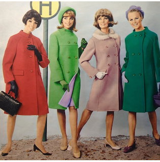 Four models wearing vintage 1960s coats in red, green, pink, and teal with matching accessories