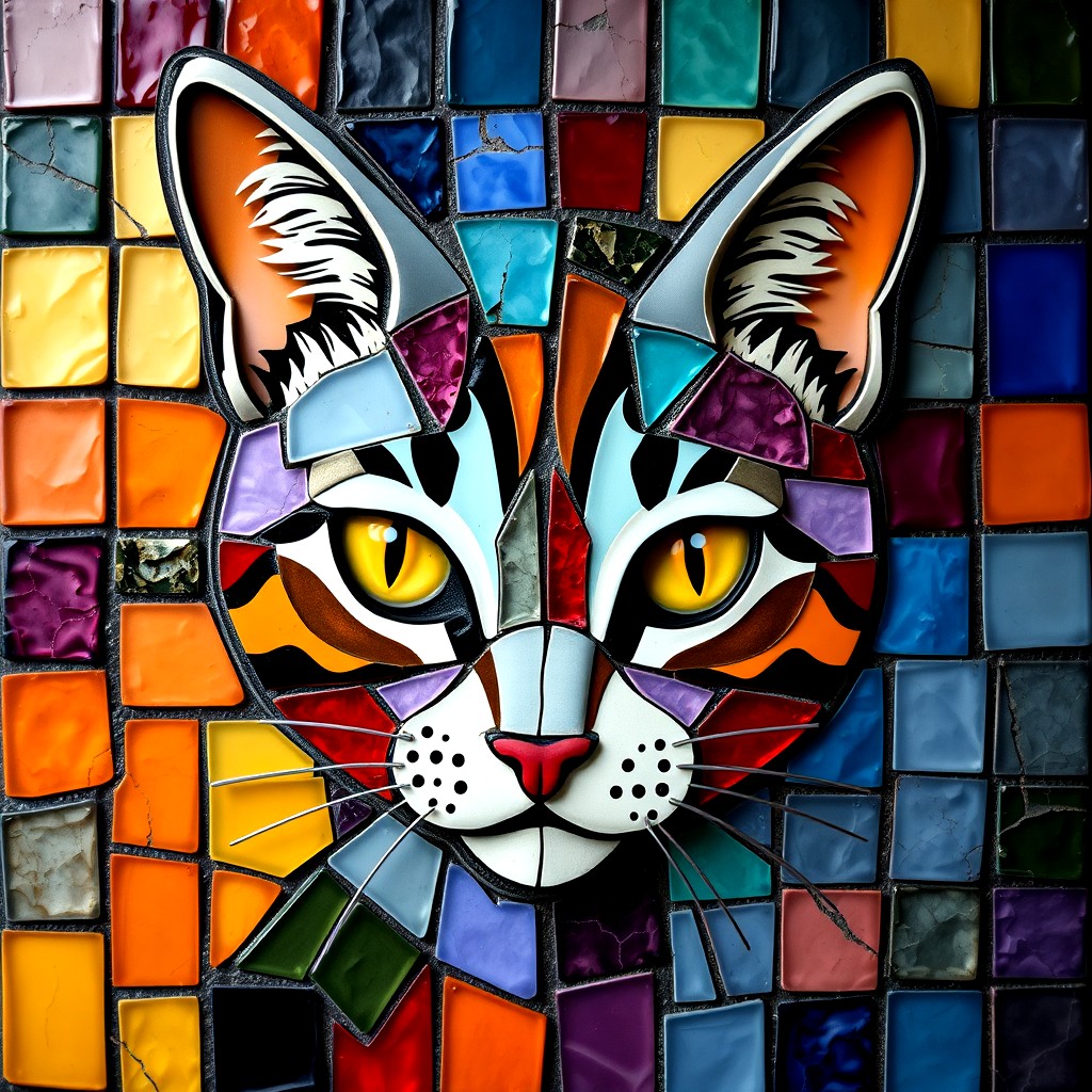 Abstract colorful cat face in stained glass mosaic style with geometric patterns and bright yellow eyes
