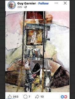 Abstract mixed media collage artwork with layered textures, geometric fragments, and earth tones