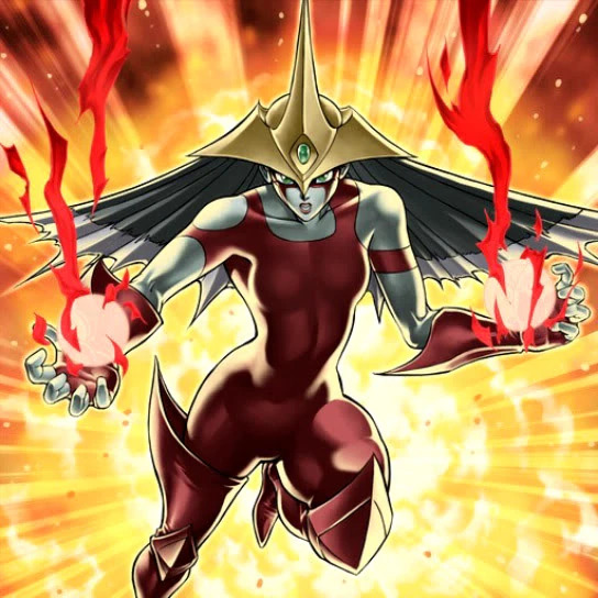 Anime warrior woman in red armor with flame wings surrounded by explosive fire effects