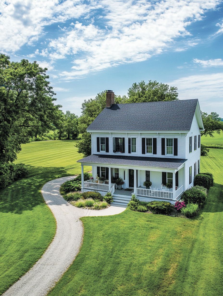 Aerial view of white farmhouse with wraparound porch on green lawn with trees and blue sky