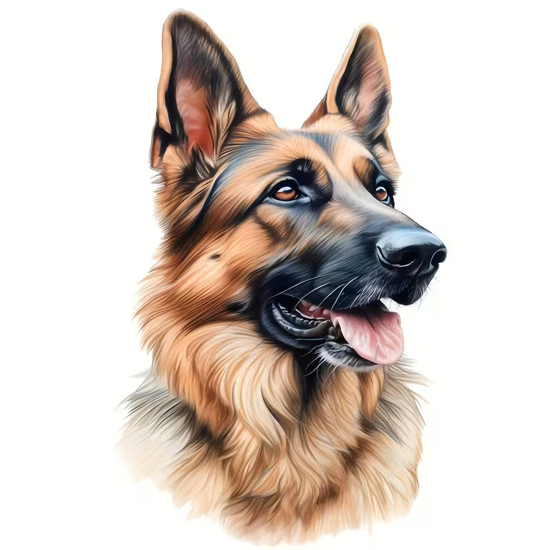 Portrait illustration of a German Shepherd with tan and black fur, alert ears, and open mouth showing tongue