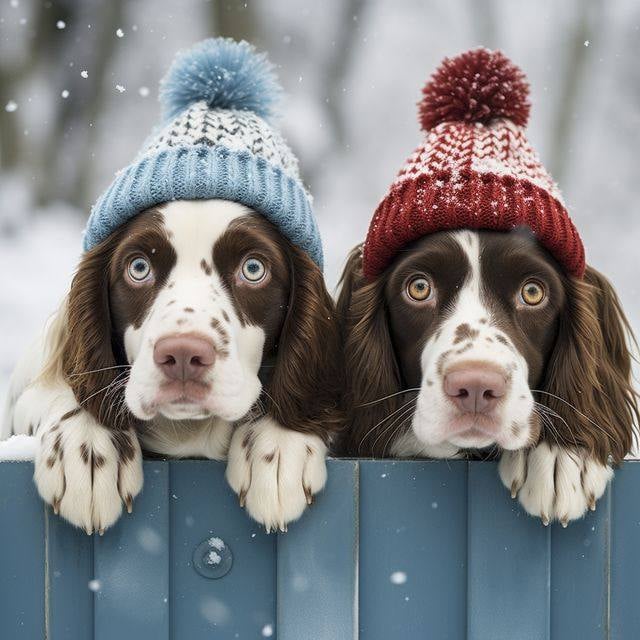 Two springer spaniel dogs in knitted winter hats looking over a blue fence with snow falling