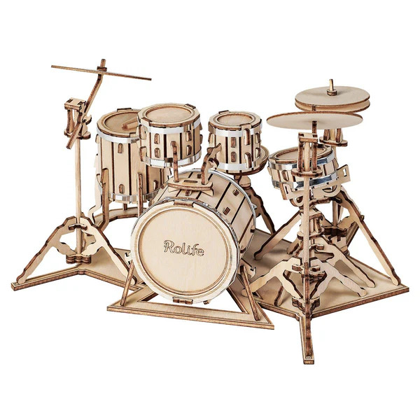 Wooden drum set model with cymbals and stands on a white background