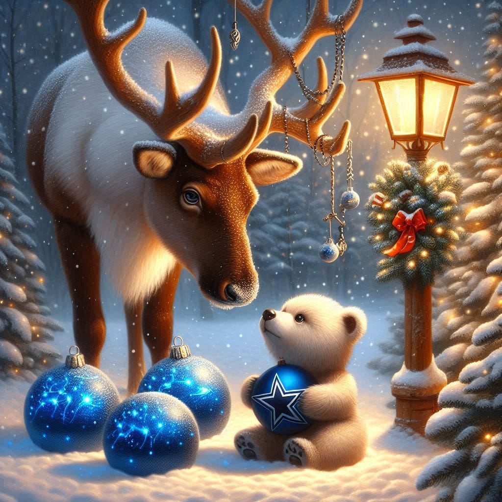 Illustrated reindeer and white teddy bear in snowy Christmas scene with blue ornaments and a glowing lamp