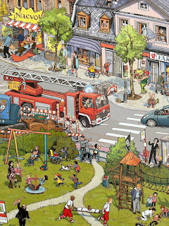 Illustrated city street with a fire truck, playground, people, trees, and shops