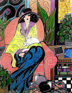 Art deco painting of woman reading in pink armchair with black cat and vibrant interior decor