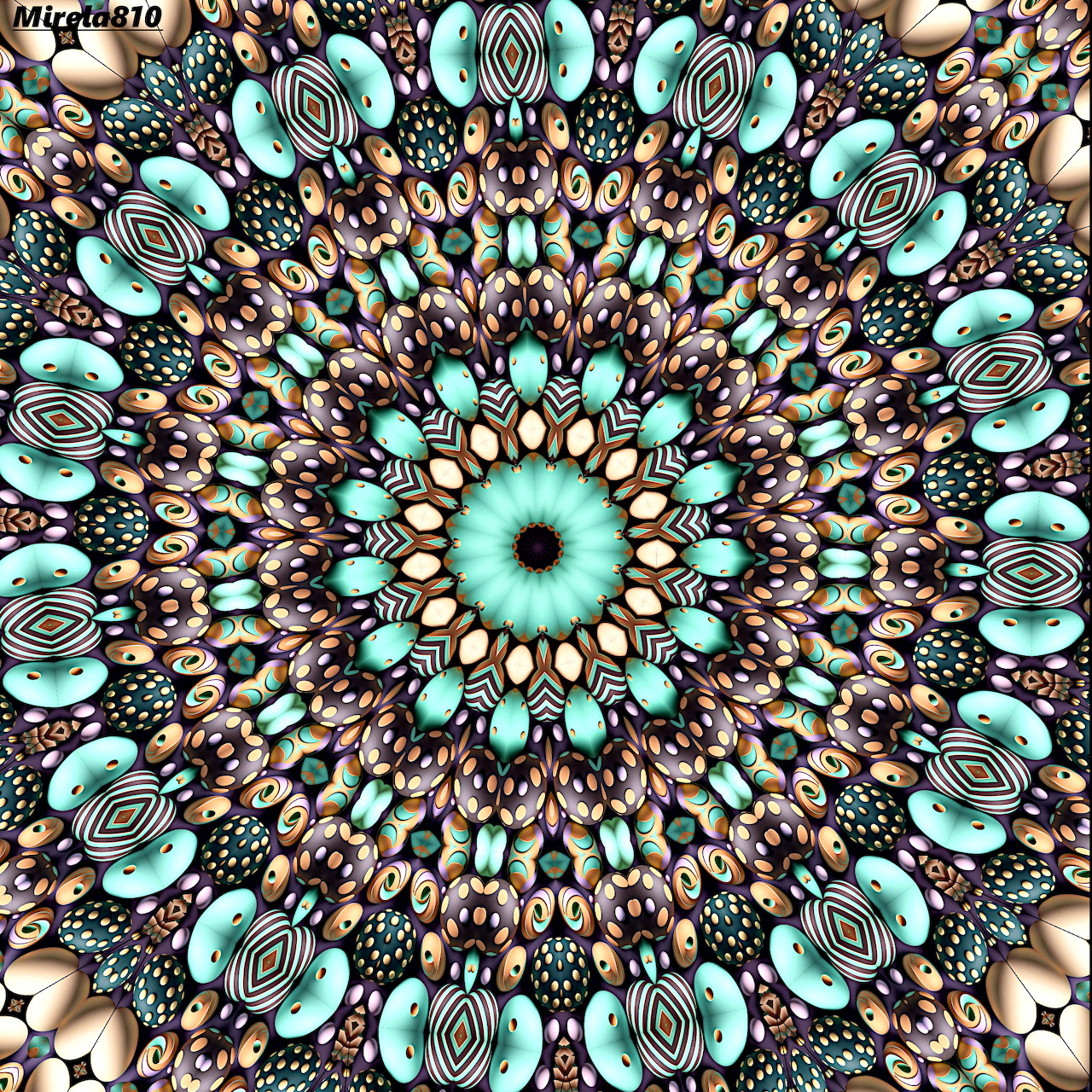 Circular mandala with turquoise and brown geometric patterns in symmetrical concentric rings