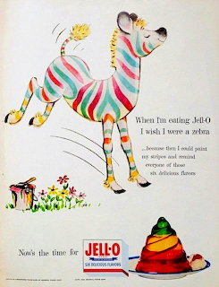Vintage Jell-O ad with illustrated zebra in rainbow stripes and product packaging at bottom