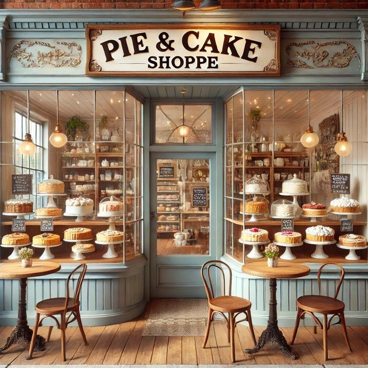 Cozy pie and cake shop interior with display tables, pendant lights, and pastries on shelves
