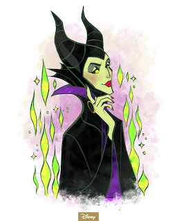 Illustrated Disney Maleficent with black horns, purple cloak, green flames and sparkles on pastel background
