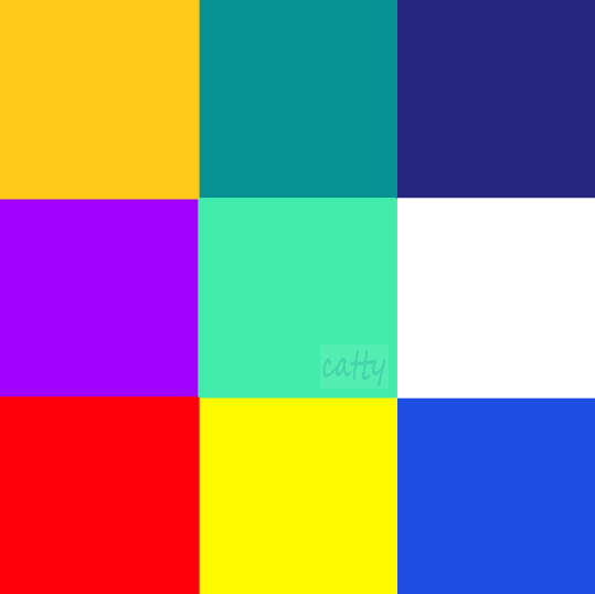 Grid of nine bright colored squares in yellow, teal, purple, red, cyan, blue, and white