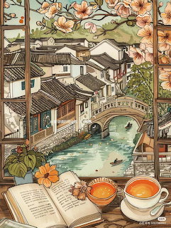 Illustrated canal town view through a flowered window with an open book and two cups of tea