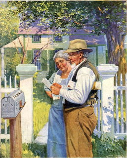 Elderly couple in vintage clothing reading letters by white fence and mailbox with house in background