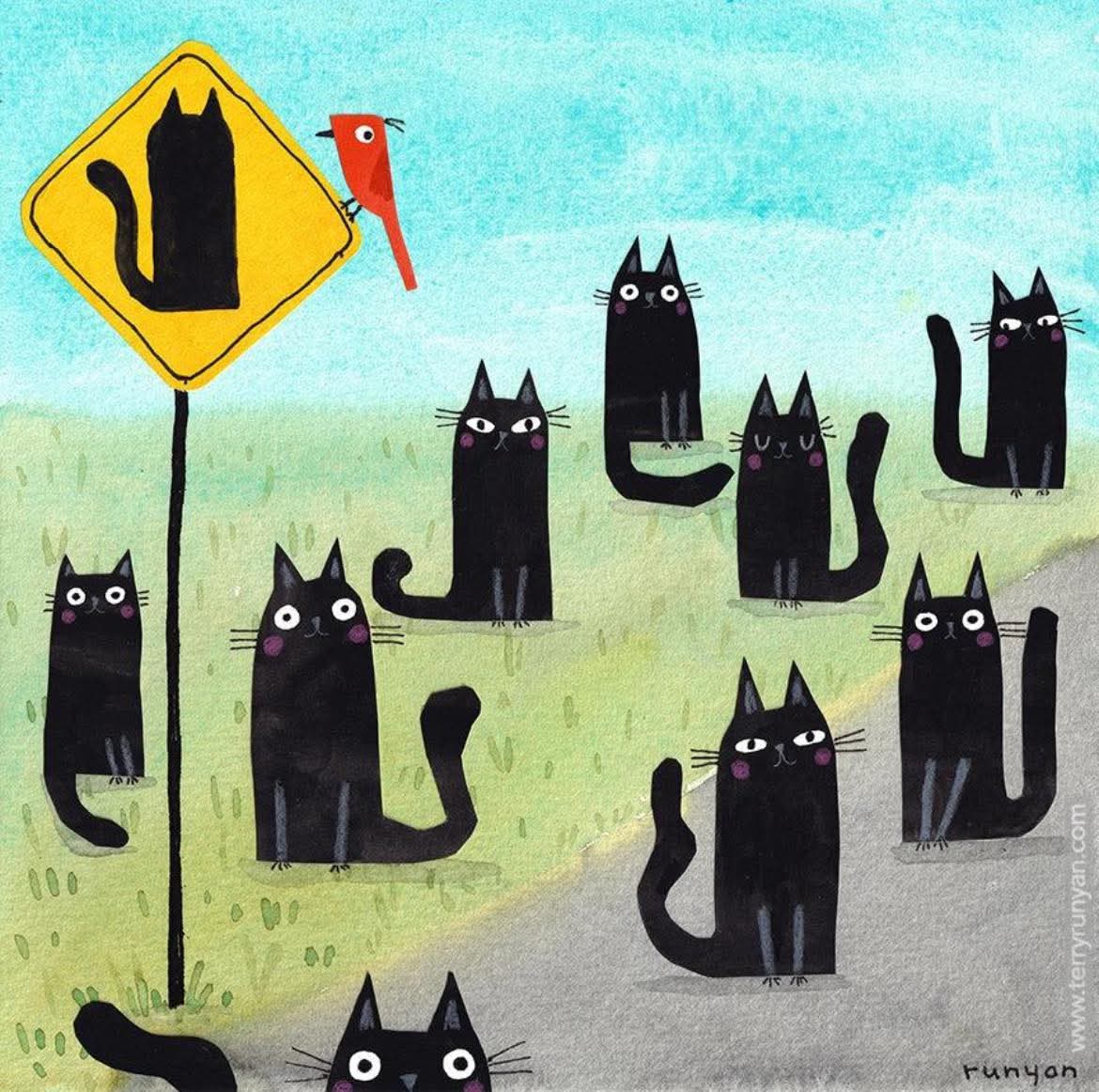 Whimsical painting of black cats in a grassy area beside a yellow cat crossing sign