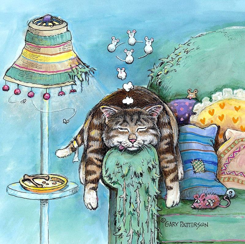 Illustration of a sleeping tabby cat draped over a green chair beside a colorful lamp and pillows